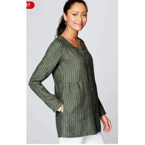 Pure Jill Women Pinstriped Linen Tunic Olive Green 100% Linen Fall